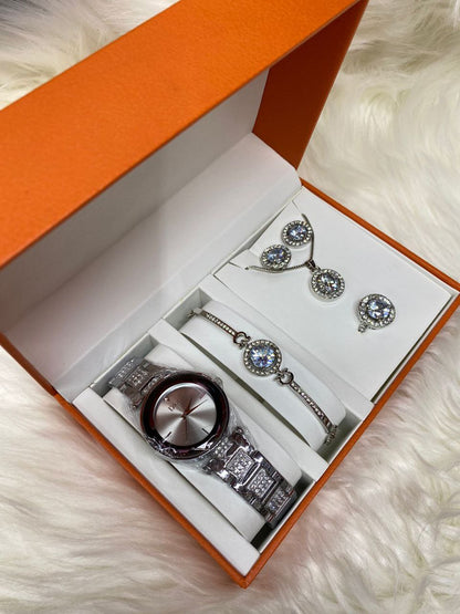 SILVER A SET OF WATCH BRACELET NECKLACE EARRINGS RING