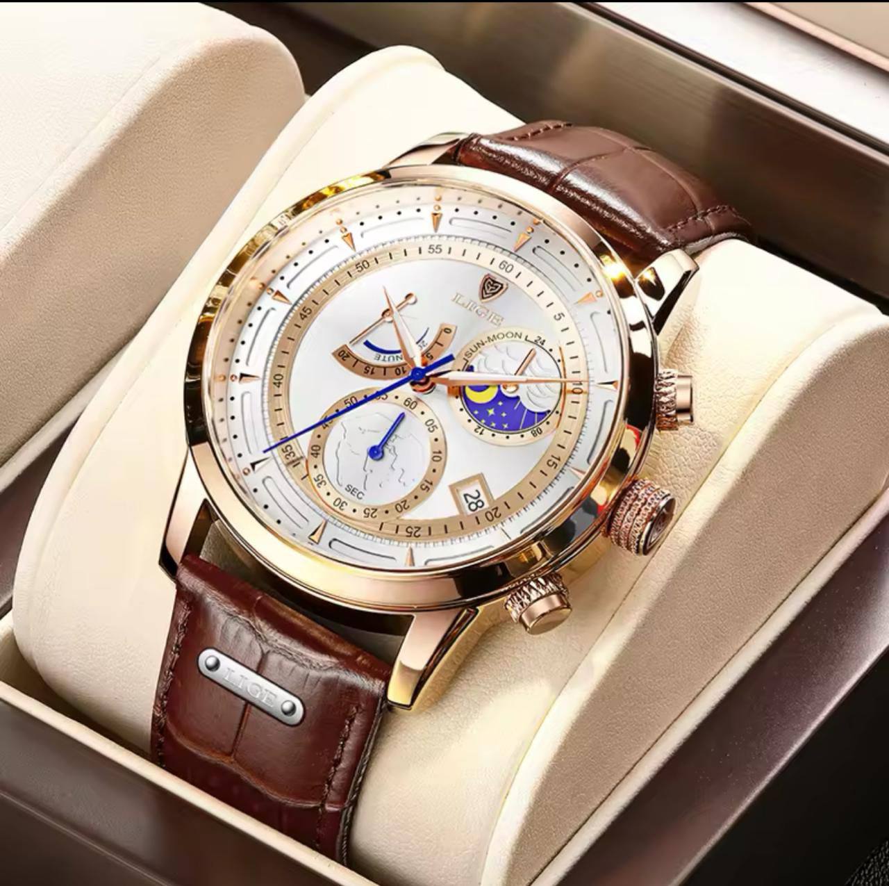 LIGE LG8968A CHRONOGRAPH BATTERY POWERED CHRONOGRAPH MOVEMENT STAINLESS STEEL DATE DISPLAY MOON PHASE FUNCTION ENGRAVING SERVICES COMES A BRANDED BOX ORDER AND ENQUIRIES