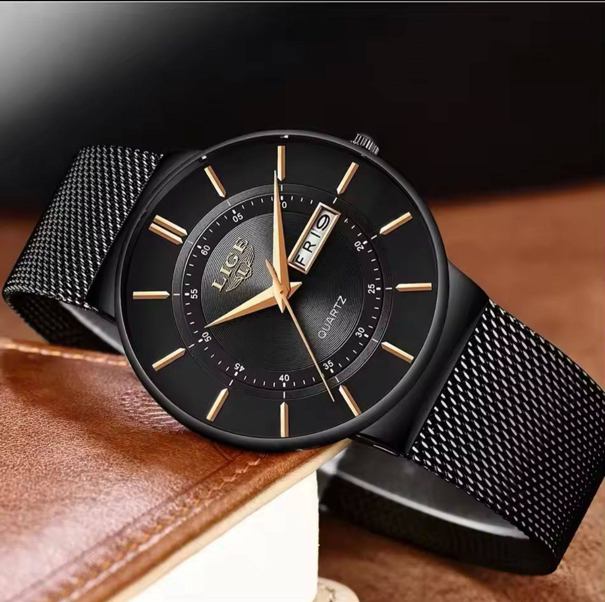 LIGE GENTS WATCH LG9949A DAY&DATE DISPLAY WATERPROOF 30M ULTRA THIN DESIGN STAINLESS STEEL BAND(MESH STRAP) ENGRAVING SERVICES ENQUIRIES