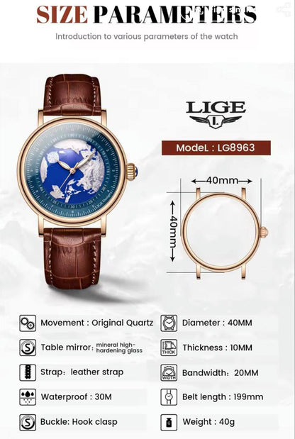 LIGE LG8963A MINERAL GLASS SCRATCH RESISTANT WATERPROOF 30M GLOWING POINTERS LEATHER STRAP LIGE BRANDED BOX ENGRAVING SERVICES ENQUIRIES