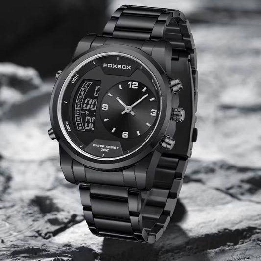 FOXBOX FB0058E STOP WATCH ALARM DAY AND DATE DISPLAY BACKLIGHT 12/24 HRS FORMAT WATERPROOF TO 30 METERS ENGRAVING SERVICES ENQUIRIES