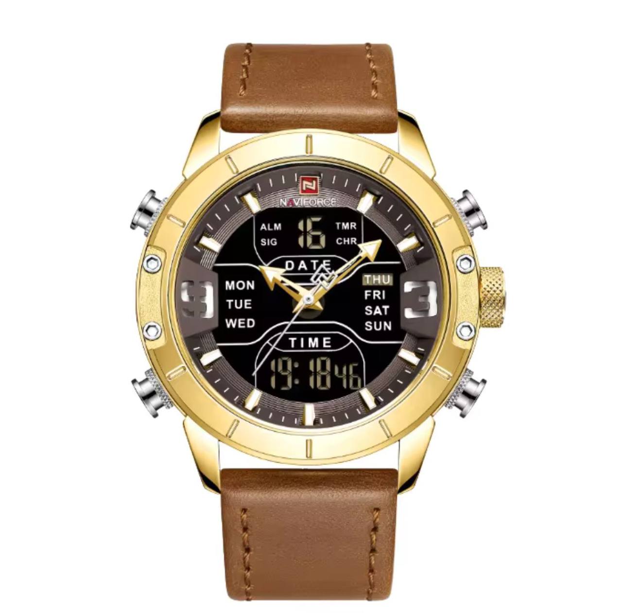 NAVIFORCE GENTS WATCH #NF 9164 ANALOGUE & DIGITAL DISPLAY LIGHT BUTTON WATER RESISTANT BATTERY POWERED BLUE BLACK BROWN ENQUIRIES