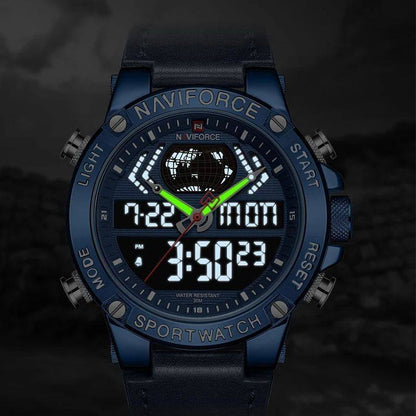 NAVIFORCE GENTS WATCH #NF 9164 ANALOGUE & DIGITAL DISPLAY LIGHT BUTTON WATER RESISTANT BATTERY POWERED BLUE BLACK BROWN ENQUIRIES