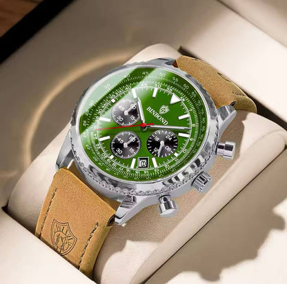 BINBOND CHRONOGRAPH CHRONOGRAPH DATE DISPLAY WATER RESISTANT BATTERY POWERED LEATHER STRAP ENGRAVING SERVICES AND ENQUIRIES