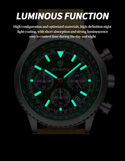 BINBOND CHRONOGRAPH CHRONOGRAPH DATE DISPLAY WATER RESISTANT BATTERY POWERED LEATHER STRAP ENGRAVING SERVICES AND ENQUIRIES