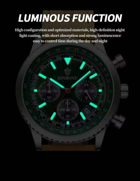 BINBOND CHRONOGRAPH CHRONOGRAPH DATE DISPLAY WATER RESISTANT BATTERY POWERED LEATHER STRAP ENGRAVING SERVICES AND ENQUIRIES