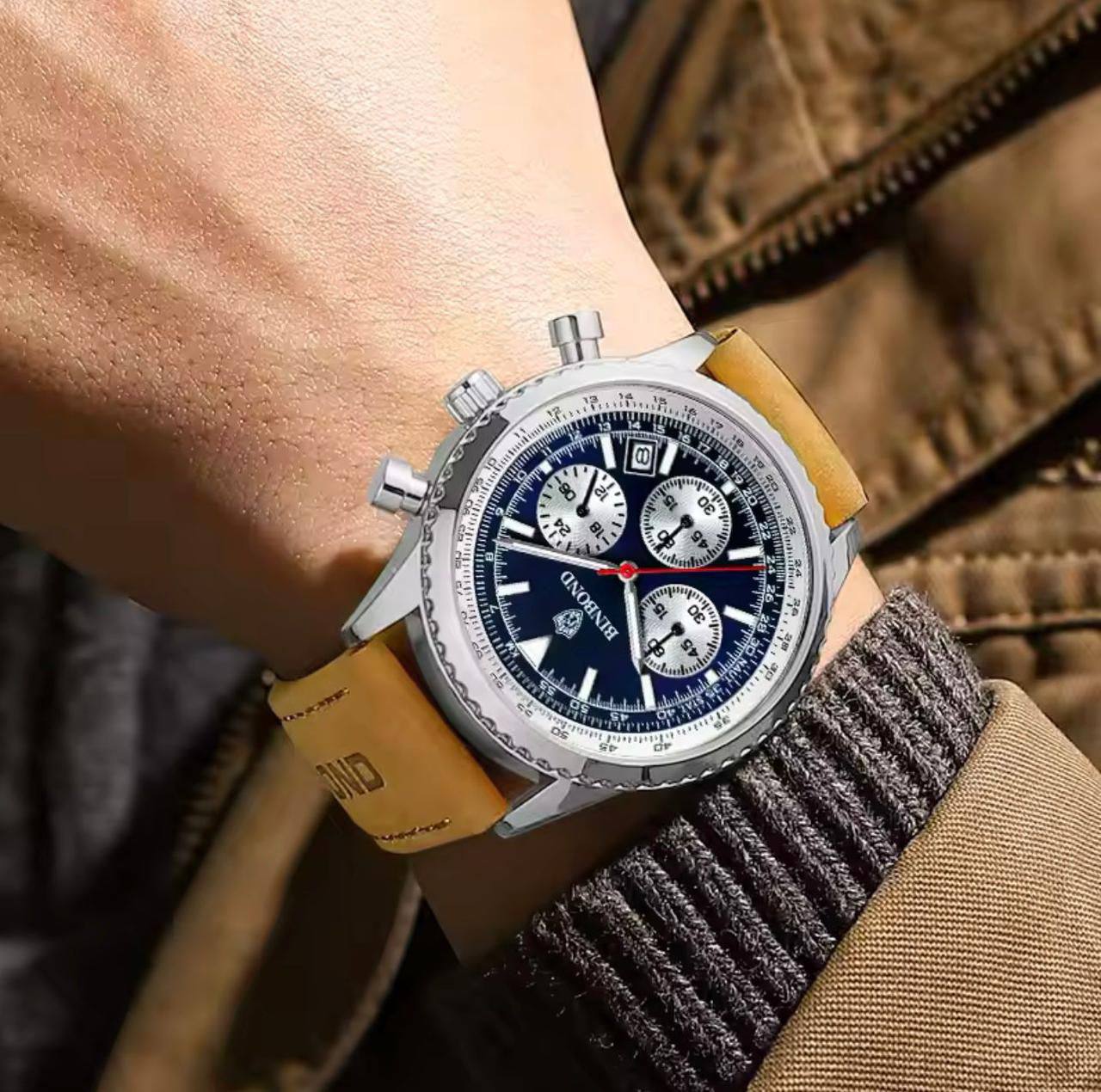 BINBOND CHRONOGRAPH CHRONOGRAPH DATE DISPLAY WATER RESISTANT BATTERY POWERED LEATHER STRAP ENGRAVING SERVICES AND ENQUIRIES