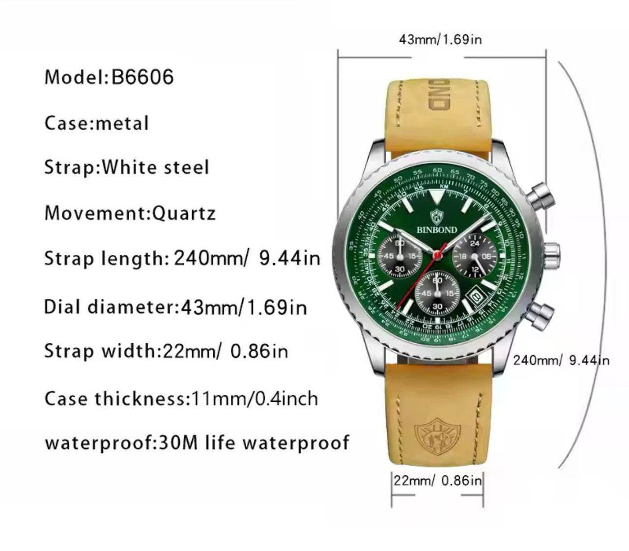 BINBOND CHRONOGRAPH CHRONOGRAPH DATE DISPLAY WATER RESISTANT BATTERY POWERED LEATHER STRAP ENGRAVING SERVICES AND ENQUIRIES