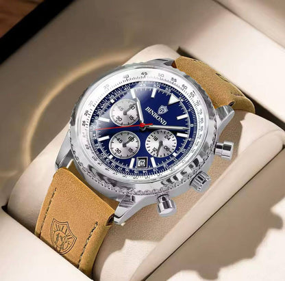 BINBOND CHRONOGRAPH CHRONOGRAPH DATE DISPLAY WATER RESISTANT BATTERY POWERED LEATHER STRAP ENGRAVING SERVICES AND ENQUIRIES