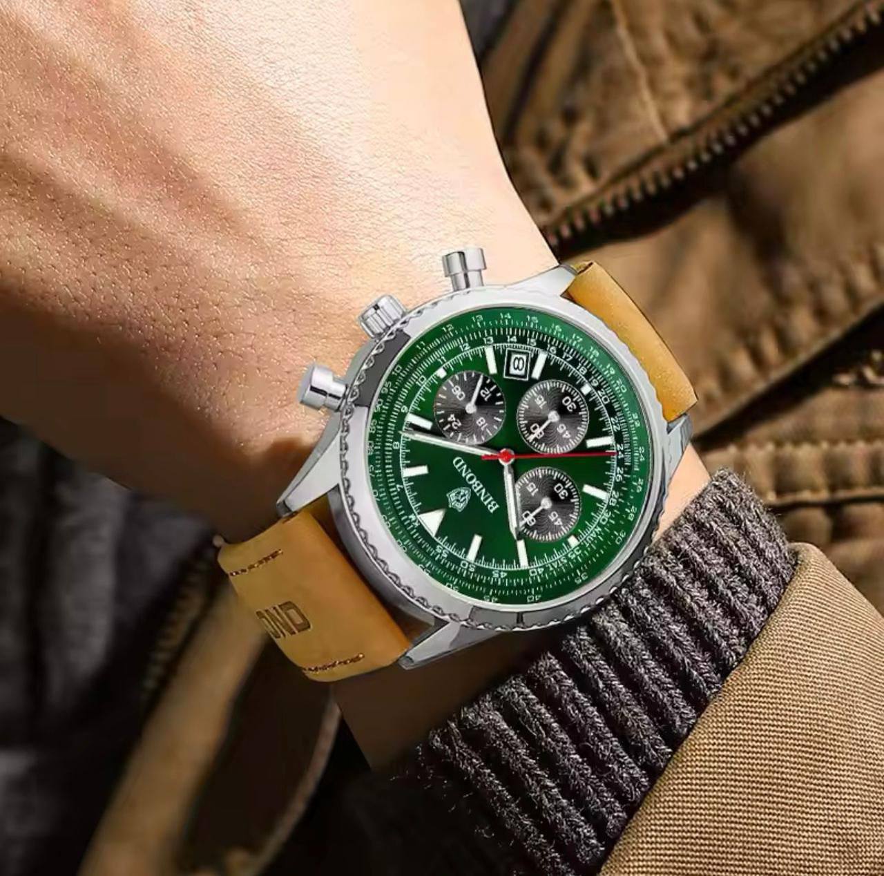 BINBOND CHRONOGRAPH CHRONOGRAPH DATE DISPLAY WATER RESISTANT BATTERY POWERED LEATHER STRAP ENGRAVING SERVICES AND ENQUIRIES