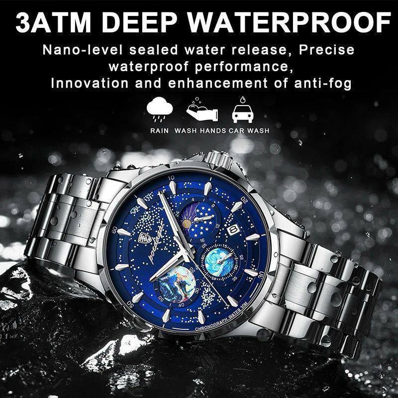 POEDAGAR MEN WATCH CHRONOGRAPH FUNCTIONAL MOONPHASE STAINLESS STEEL FINISH DATE DISPLAY SPACE DESIGN INSPIRED ENGRAVING SERVICES