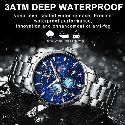 POEDAGAR MEN WATCH CHRONOGRAPH FUNCTIONAL MOONPHASE STAINLESS STEEL FINISH DATE DISPLAY SPACE DESIGN INSPIRED ENGRAVING SERVICES