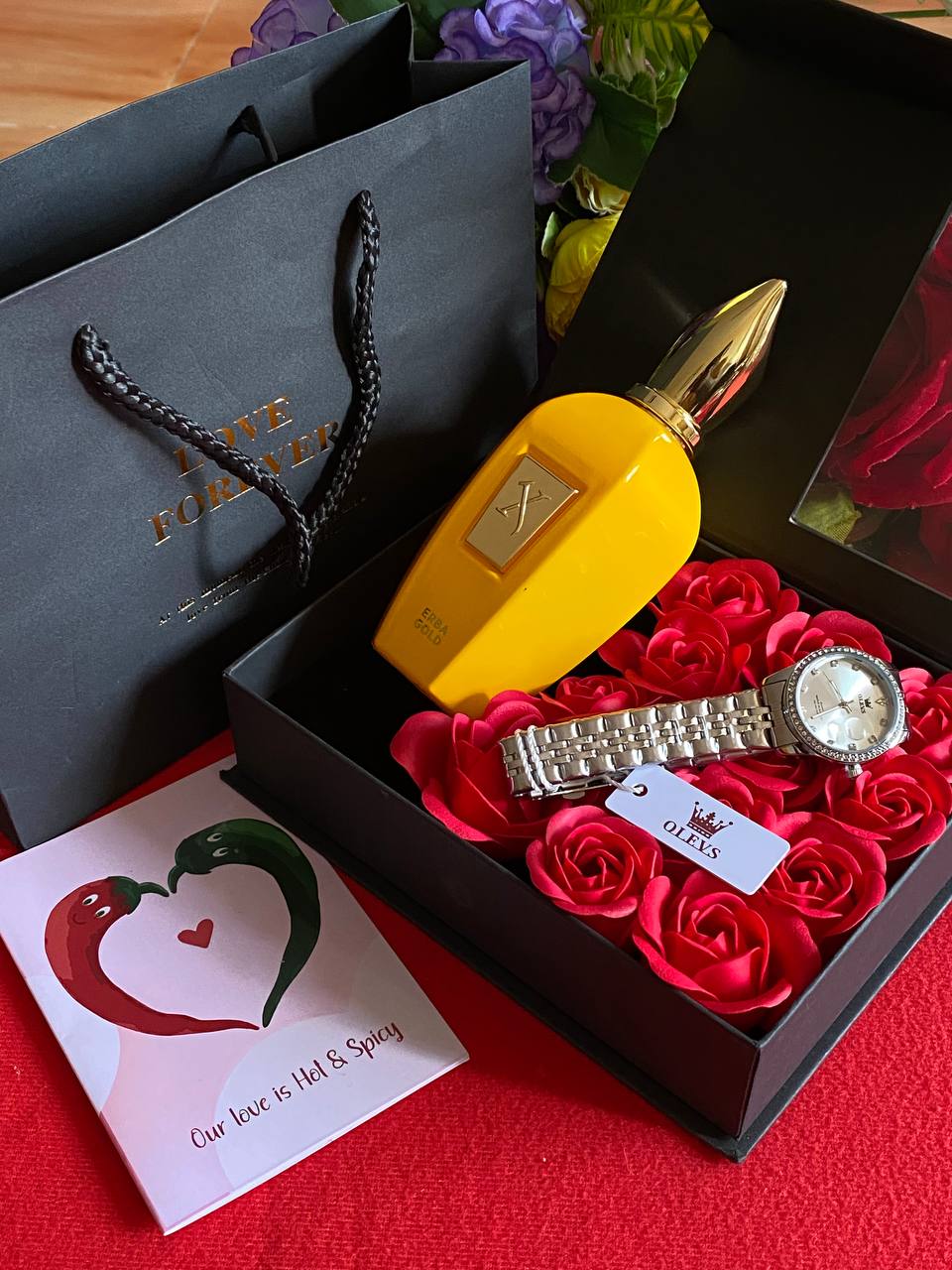 VALENTINES SALE� LOVE FOREVER PACKAGE WATCH PERFUME TESTER 100ML PRESERVED ROSES CARD,BAG & BOX WE ENGRAVE GIFTS AND ENQUIRIES
