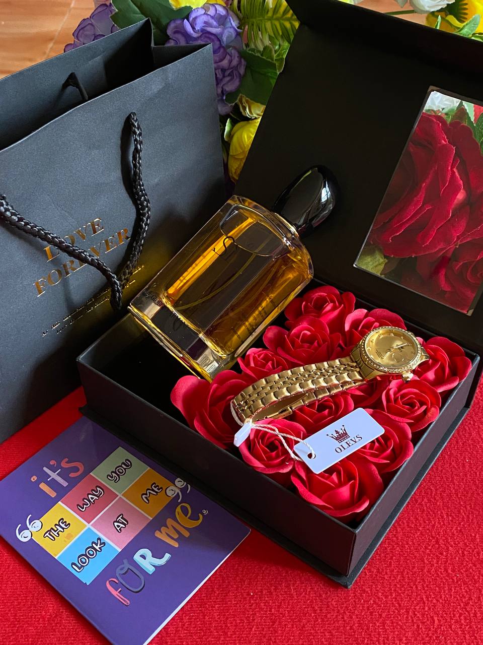 VALENTINES SALE� LOVE FOREVER PACKAGE WATCH PERFUME TESTER 100ML PRESERVED ROSES CARD,BAG & BOX WE ENGRAVE GIFTS AND ENQUIRIES