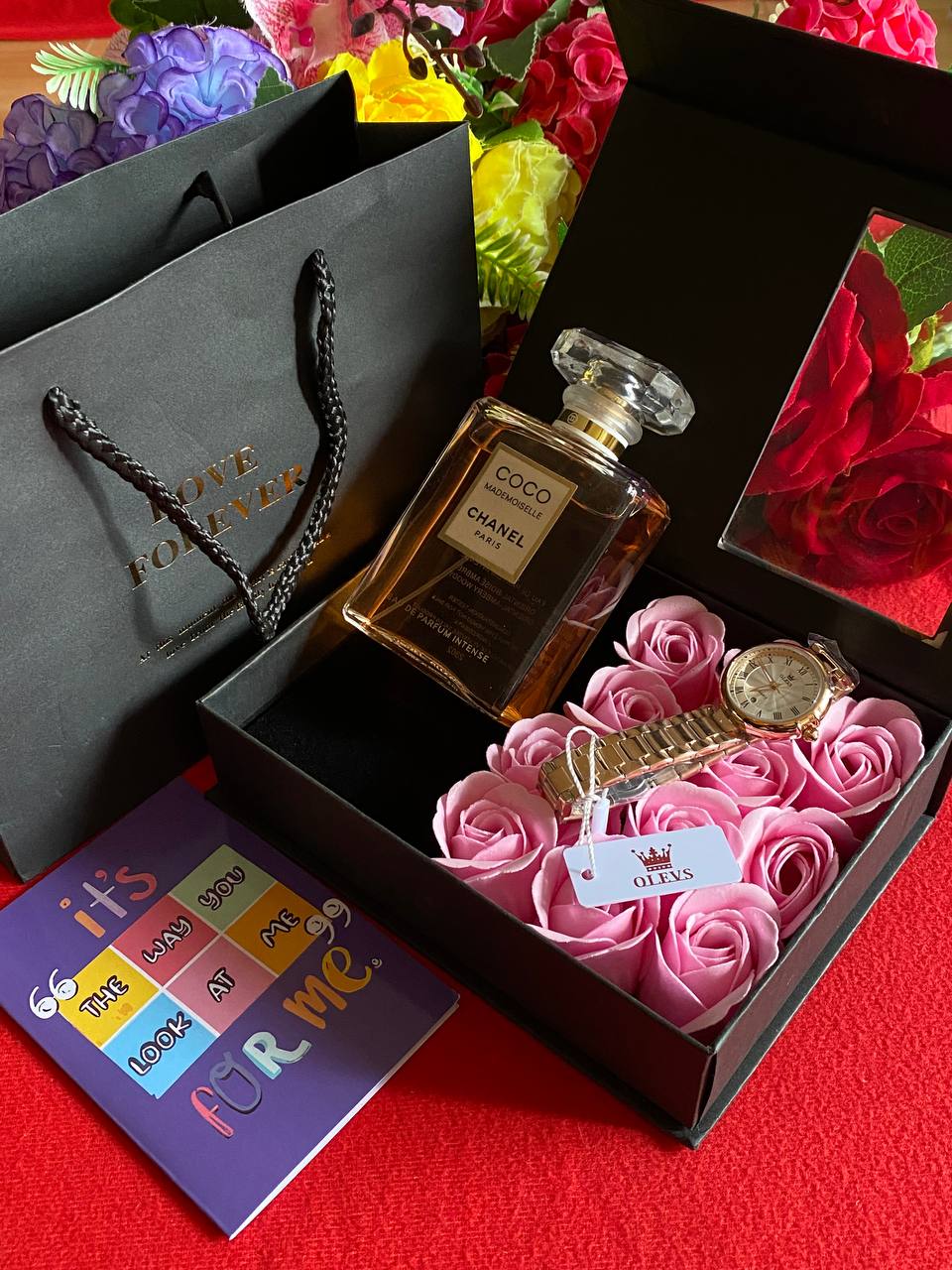 VALENTINES SALE� LOVE FOREVER PACKAGE WATCH PERFUME TESTER 100ML PRESERVED ROSES CARD,BAG & BOX WE ENGRAVE GIFTS AND ENQUIRIES