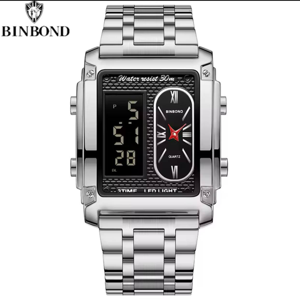 BINBOND DOUBLE TIME GENTS DIGITAL AND ANALOG TIME WATER RESISTANT STAINLESS STEEL STRONG LUMINOUS LED LIGHT SILVER GOLD BLACK ENGRAVING SERVICES ENQUIRIES