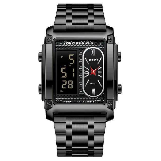 BINBOND DOUBLE TIME GENTS DIGITAL AND ANALOG TIME WATER RESISTANT STAINLESS STEEL STRONG LUMINOUS LED LIGHT SILVER GOLD BLACK ENGRAVING SERVICES ENQUIRIES