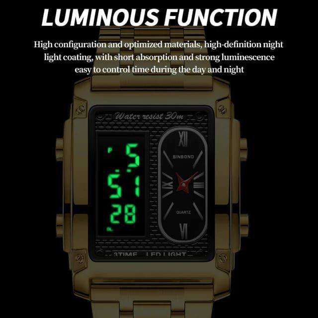 BINBOND DOUBLE TIME GENTS DIGITAL AND ANALOG TIME WATER RESISTANT STAINLESS STEEL STRONG LUMINOUS LED LIGHT SILVER GOLD BLACK ENGRAVING SERVICES ENQUIRIES