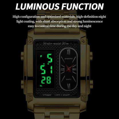 BINBOND DOUBLE TIME GENTS DIGITAL AND ANALOG TIME WATER RESISTANT STAINLESS STEEL STRONG LUMINOUS LED LIGHT SILVER GOLD BLACK ENGRAVING SERVICES ENQUIRIES