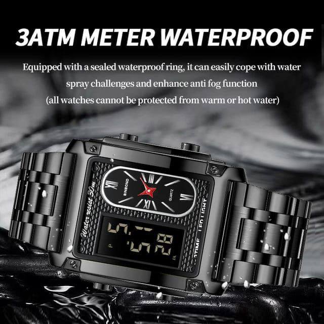 BINBOND DOUBLE TIME GENTS DIGITAL AND ANALOG TIME WATER RESISTANT STAINLESS STEEL STRONG LUMINOUS LED LIGHT SILVER GOLD BLACK ENGRAVING SERVICES ENQUIRIES