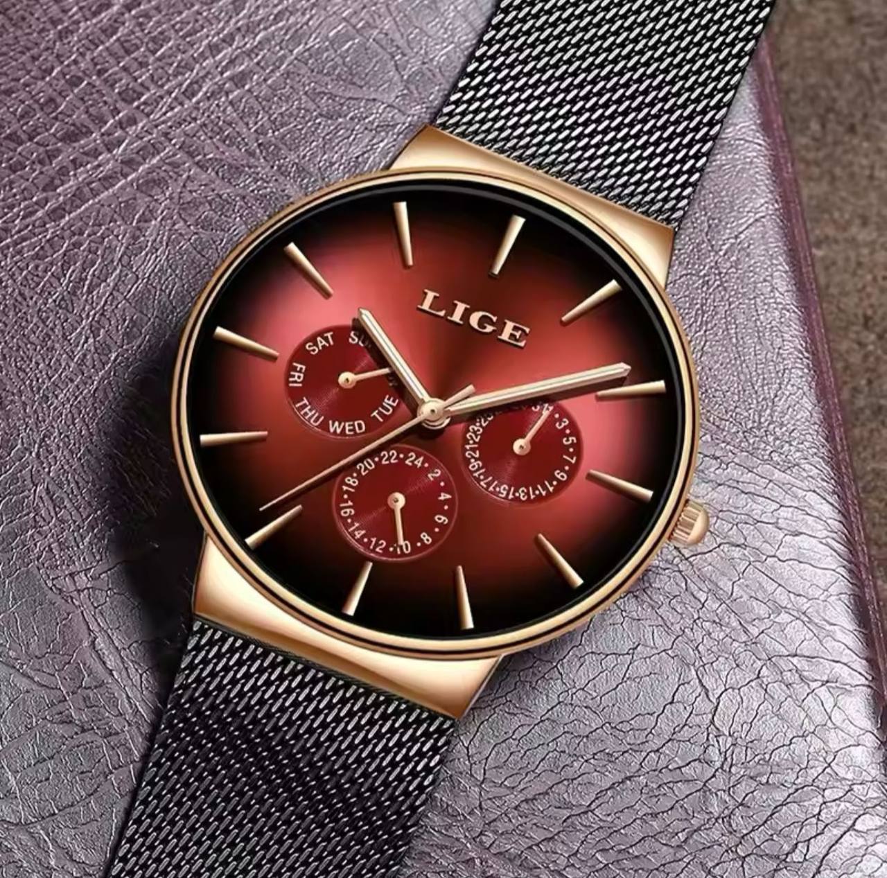 LIGE LG9936B FULL CHRONOGRAPH(DAY,24HRS,DATE) WATERPROOF 30M LUMINOUS HANDS ULTRA THIN DESIGN STAINLESS STEEL BAND(MESH STRAP) LIGE BRANDED BOX ENGRAVING SERVICES ENQUIRIES