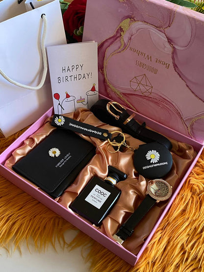 🧧6 1 LADIES BIRTHDAY GIFT PACK 🧧 PERFUME POCKET MIRROR BELT KEY HOLDER PURSE/WALLET WATCH COMES A GIFT BAG AND CARD ENQUIRIES