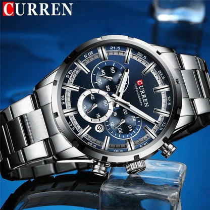 GENTS CURREN 8355 CHRONOGRAPH DATE DISPLAY WATER RESISTANT STAINLESS STEEL BLUE SILVER BLACK CURREN BRANDED BOX ENGRAVING SERVICES ENQUIRIES