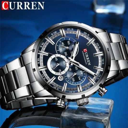GENTS CURREN 8355 CHRONOGRAPH DATE DISPLAY WATER RESISTANT STAINLESS STEEL BLUE SILVER BLACK CURREN BRANDED BOX ENGRAVING SERVICES ENQUIRIES