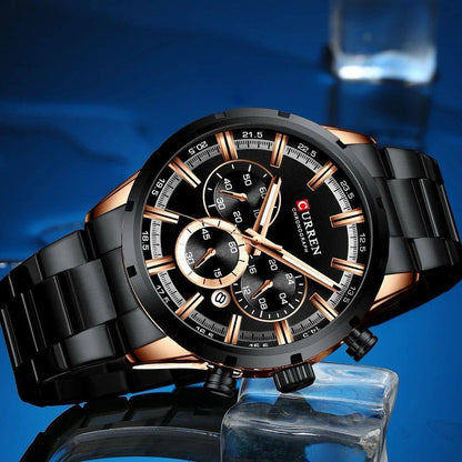 GENTS CURREN 8355 CHRONOGRAPH DATE DISPLAY WATER RESISTANT STAINLESS STEEL BLUE SILVER BLACK CURREN BRANDED BOX ENGRAVING SERVICES ENQUIRIES