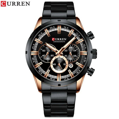 GENTS CURREN 8355 CHRONOGRAPH DATE DISPLAY WATER RESISTANT STAINLESS STEEL BLUE SILVER BLACK CURREN BRANDED BOX ENGRAVING SERVICES ENQUIRIES