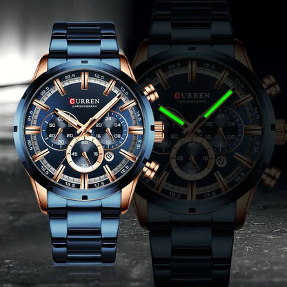 GENTS CURREN 8355 CHRONOGRAPH DATE DISPLAY WATER RESISTANT STAINLESS STEEL BLUE SILVER BLACK CURREN BRANDED BOX ENGRAVING SERVICES ENQUIRIES