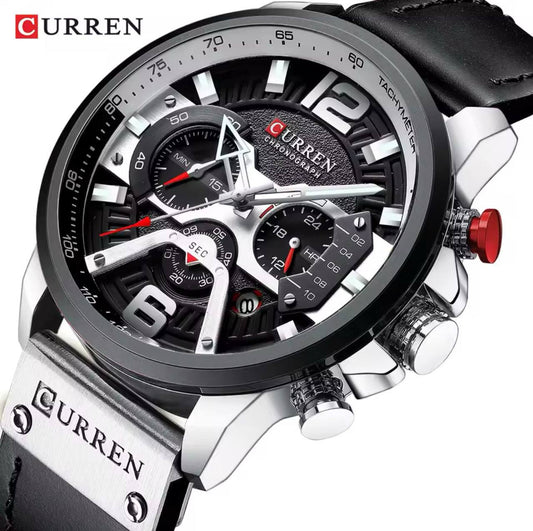 CURREN GENTS WATCH #8329 (LEATHER) WATER RESISTANT CHRONOGRAPH MOVEMENT DATE DISPLAY BATTERY POWERED ENGRAVING SERVICES CURREN BRANDED BOX ENQUIRIES
