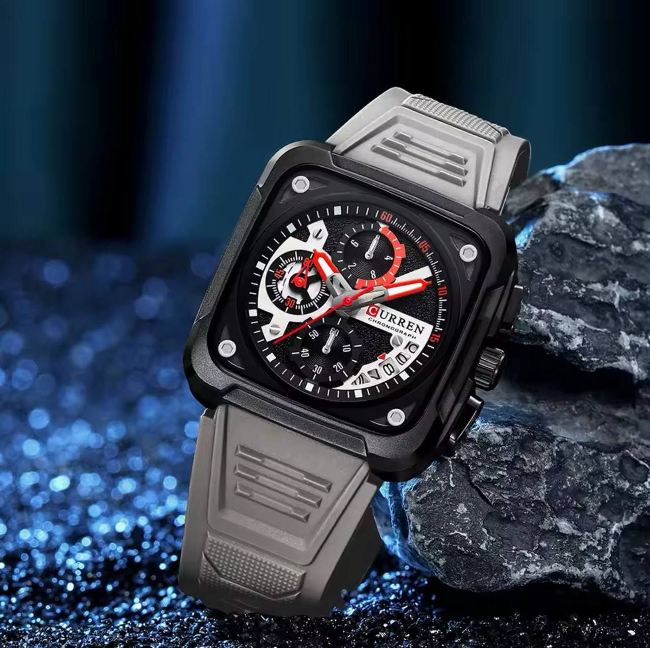 CURREN GENTS WATCH #8461 SILICONE STRAP WATER RESISTANT CHRONOGRAPH MOVEMENT DATE DISPLAY BATTERY POWERED CURREN BRANDED BOX ENQUIRIES