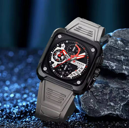 CURREN GENTS WATCH #8461 SILICONE STRAP WATER RESISTANT CHRONOGRAPH MOVEMENT DATE DISPLAY BATTERY POWERED CURREN BRANDED BOX ENQUIRIES