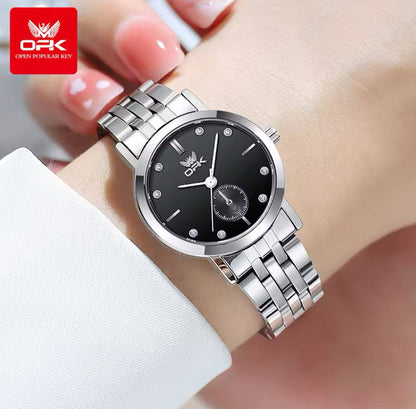 ‼ BRAND ALERT ‼ OPK LADIES WATCH #6034 UNIQUE SECOND ARM STAINLESS STEEL BATTERY POWERED WATER RESISTANT ENGRAVING SERVICES ENQUIRIES