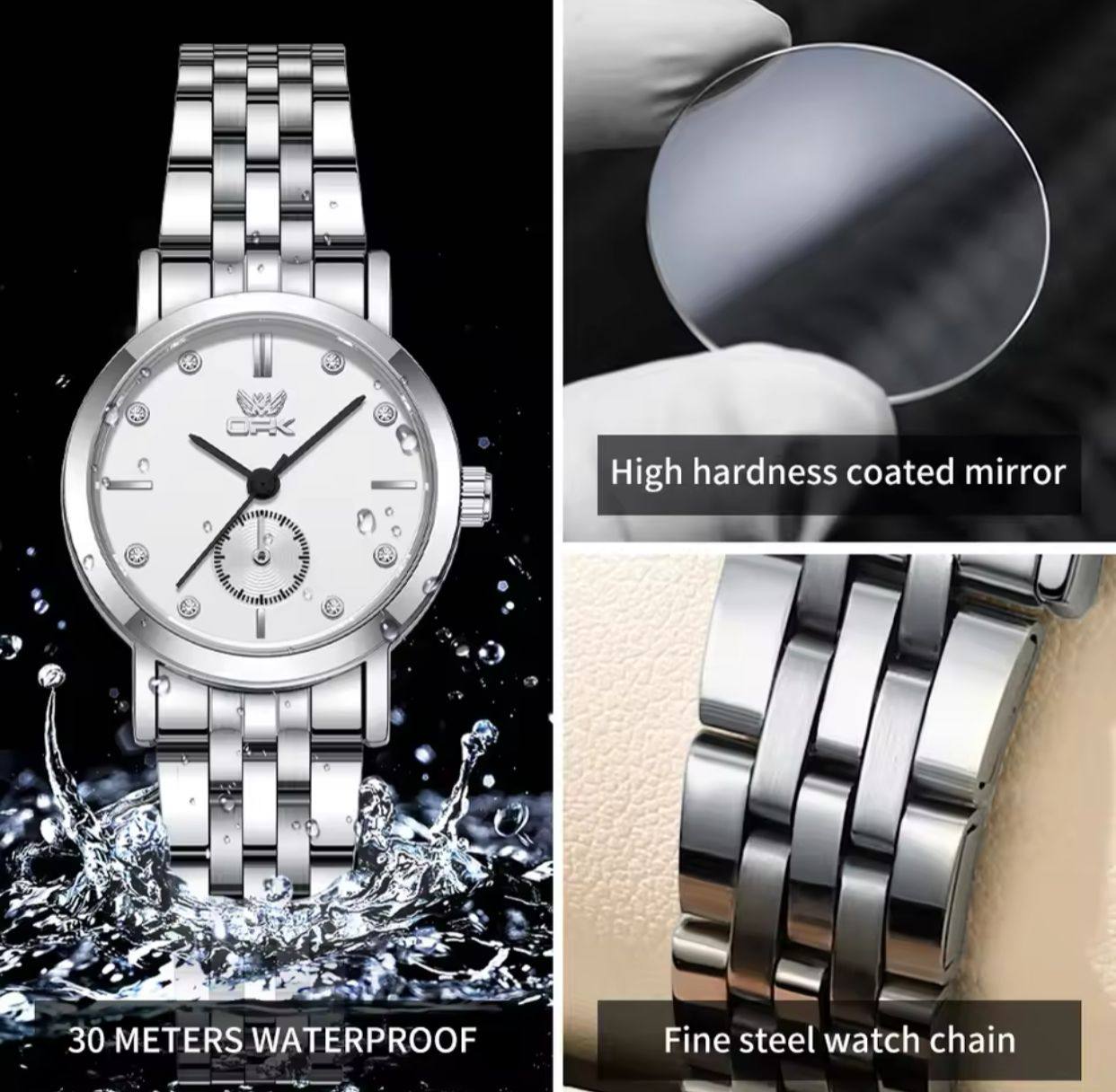 ‼ BRAND ALERT ‼ OPK LADIES WATCH #6034 UNIQUE SECOND ARM STAINLESS STEEL BATTERY POWERED WATER RESISTANT ENGRAVING SERVICES ENQUIRIES