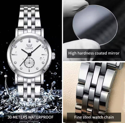 ‼ BRAND ALERT ‼ OPK LADIES WATCH #6034 UNIQUE SECOND ARM STAINLESS STEEL BATTERY POWERED WATER RESISTANT ENGRAVING SERVICES ENQUIRIES