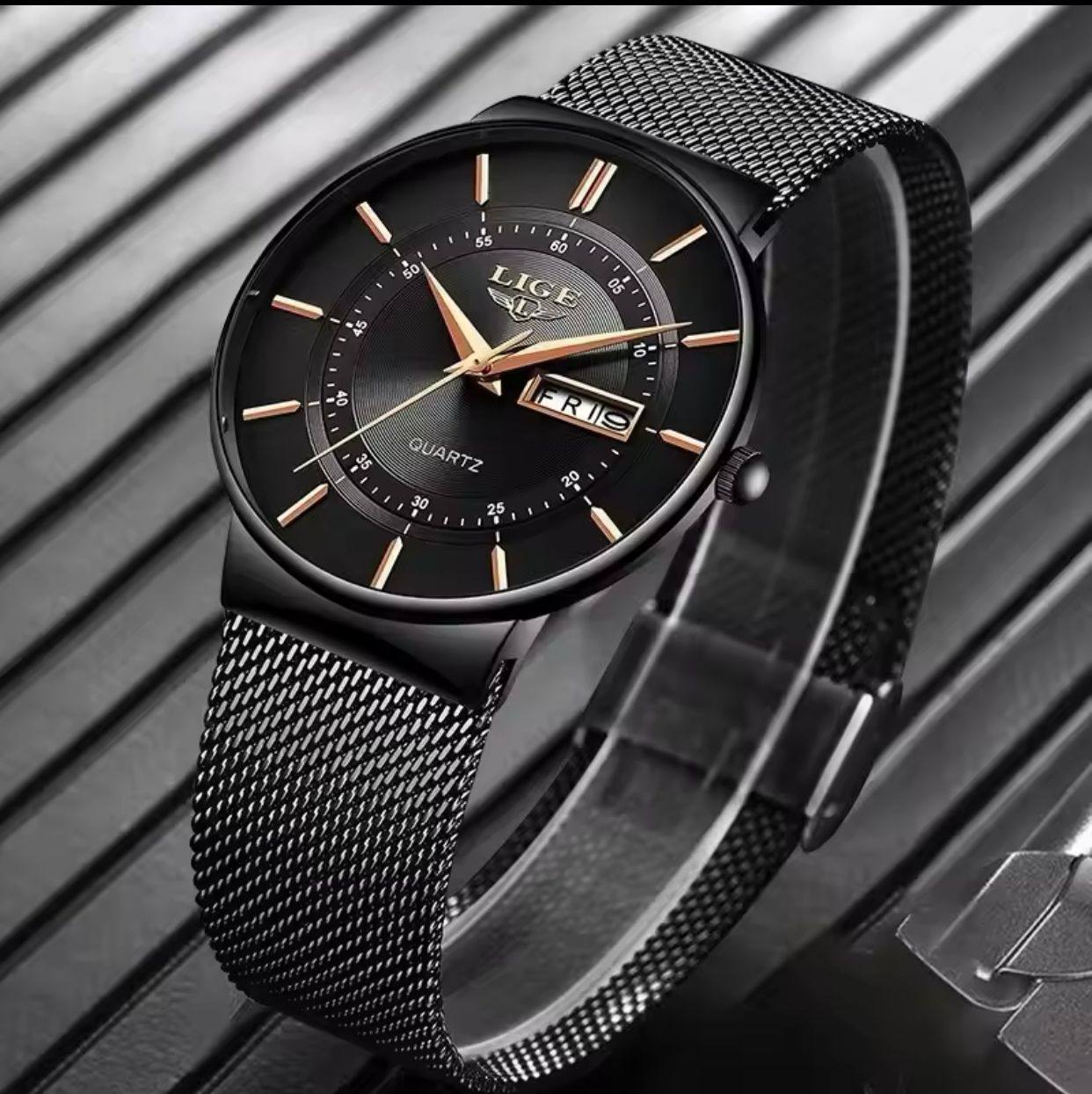 LIGE GENTS WATCH LG9949A DAY&DATE DISPLAY WATERPROOF 30M ULTRA THIN DESIGN STAINLESS STEEL BAND(MESH STRAP) ENGRAVING SERVICES ENQUIRIES