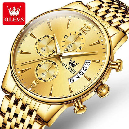 OLEVS CHRONOGRAPH MEN WATCH CHRONOGRAPH MOVEMENT DATE DISPLAY STRONG LUMINOUS FUNCTION BATTERY POWERED STAINLESS STEEL WATER RESISTANT 3 COLOR OPTIONS ENGRAVING SERVICES ENQUIRIES