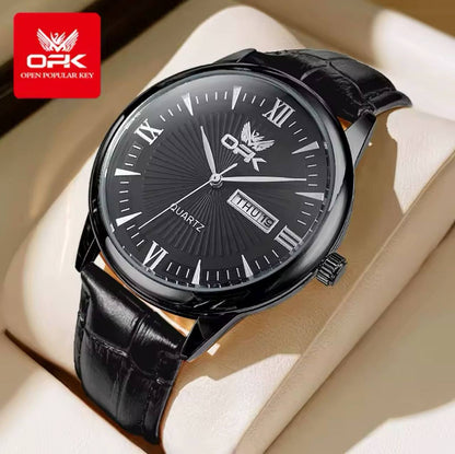 ‼ BRAND ALERT ‼ OPK GENTS WATCH #6028 DATE & DATE DISPLAY LEATHER STRAP BATTERY POWERED WATER RESISTANT ENGRAVING SERVICES ENQUIRIES