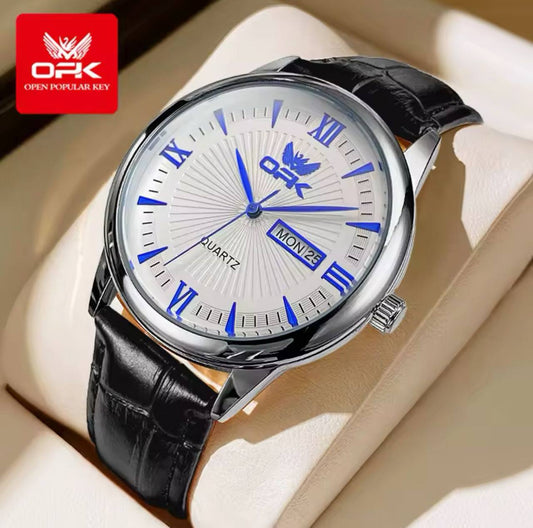 ‼ BRAND ALERT ‼ OPK GENTS WATCH #6028 DATE & DATE DISPLAY LEATHER STRAP BATTERY POWERED WATER RESISTANT ENGRAVING SERVICES ENQUIRIES