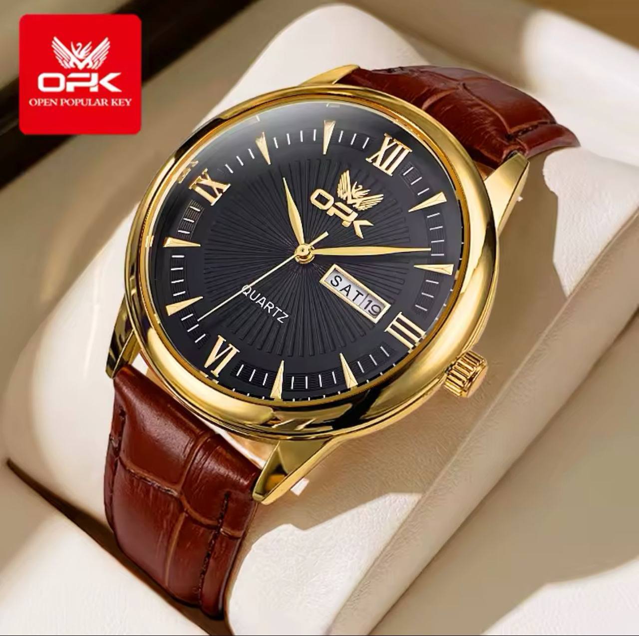 ‼ BRAND ALERT ‼ OPK GENTS WATCH #6028 DATE & DATE DISPLAY LEATHER STRAP BATTERY POWERED WATER RESISTANT ENGRAVING SERVICES ENQUIRIES