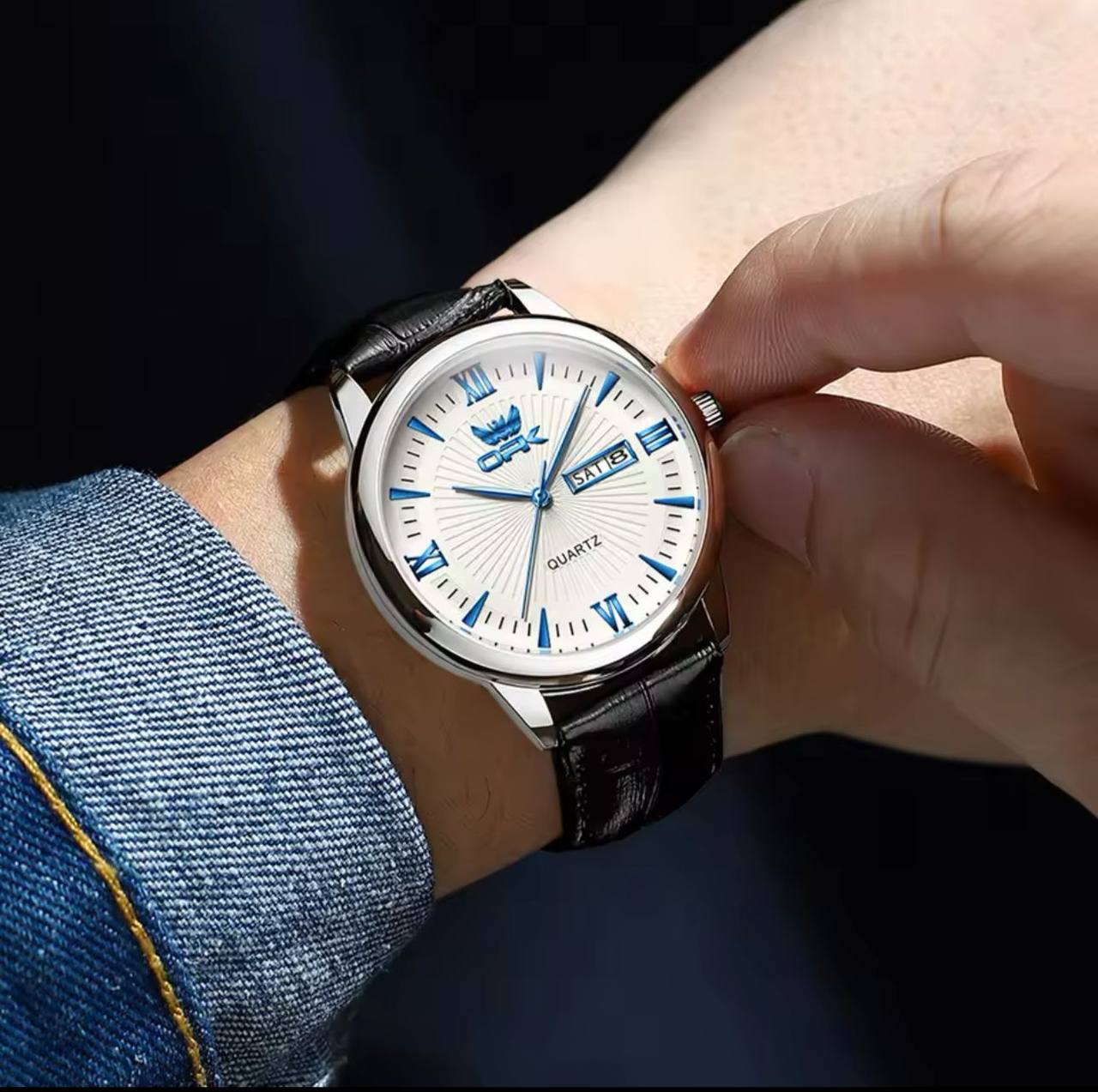 ‼ BRAND ALERT ‼ OPK GENTS WATCH #6028 DATE & DATE DISPLAY LEATHER STRAP BATTERY POWERED WATER RESISTANT ENGRAVING SERVICES ENQUIRIES