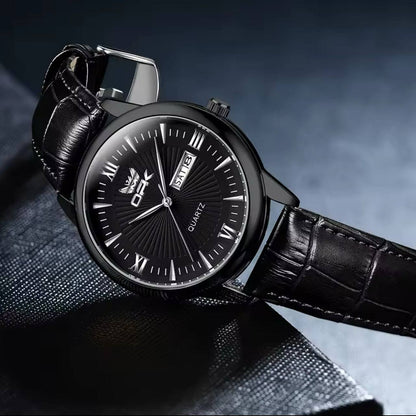 ‼ BRAND ALERT ‼ OPK GENTS WATCH #6028 DATE & DATE DISPLAY LEATHER STRAP BATTERY POWERED WATER RESISTANT ENGRAVING SERVICES ENQUIRIES