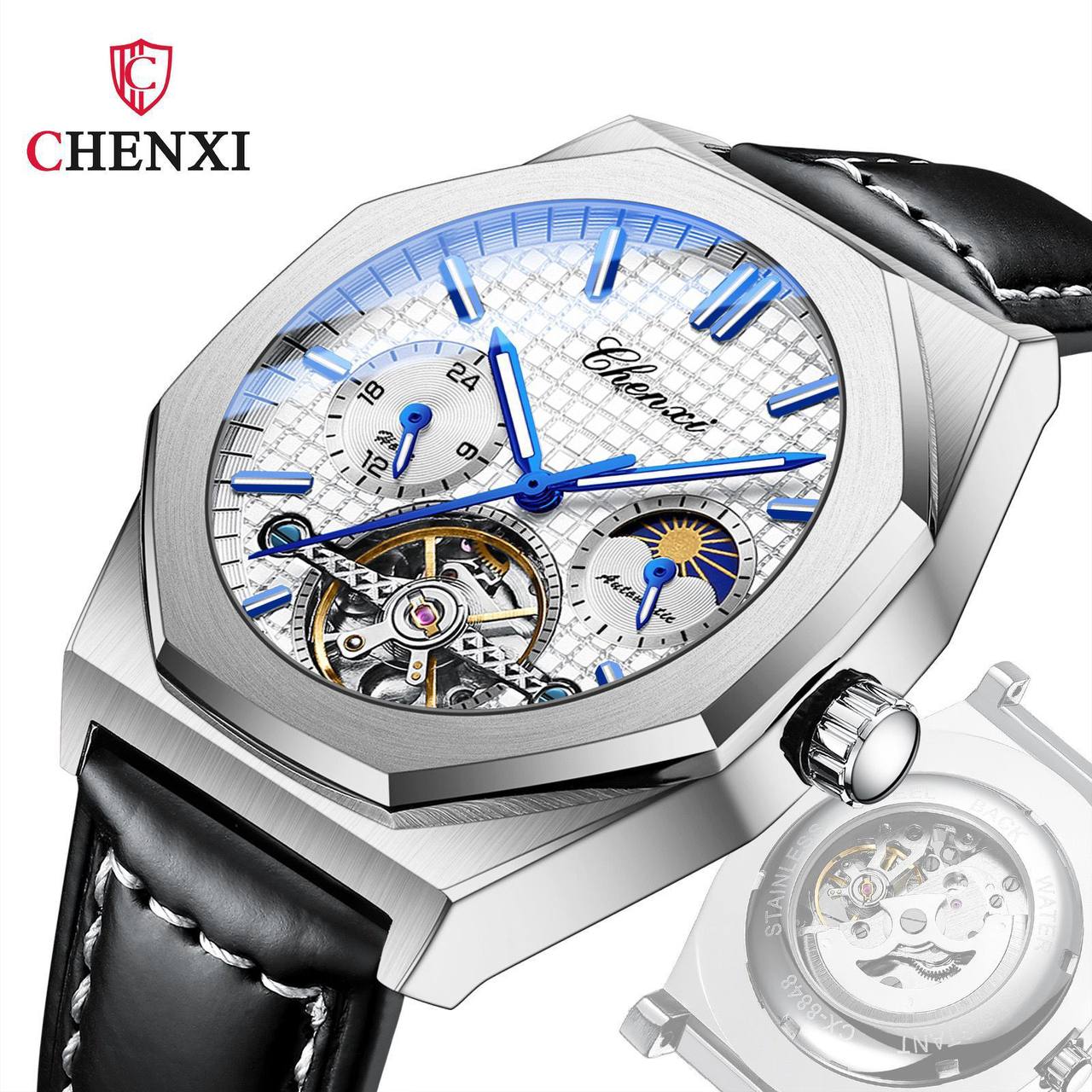 CHENXI AUTOMATIC MOONPHASE TOURBILLION MACHINE FULL CHRONOGRAPH LEATHER STRAP WATER RESISTANT ENGRAVING SERVICES AND ENQUIRIES