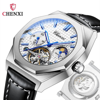 CHENXI AUTOMATIC MOONPHASE TOURBILLION MACHINE FULL CHRONOGRAPH LEATHER STRAP WATER RESISTANT ENGRAVING SERVICES AND ENQUIRIES