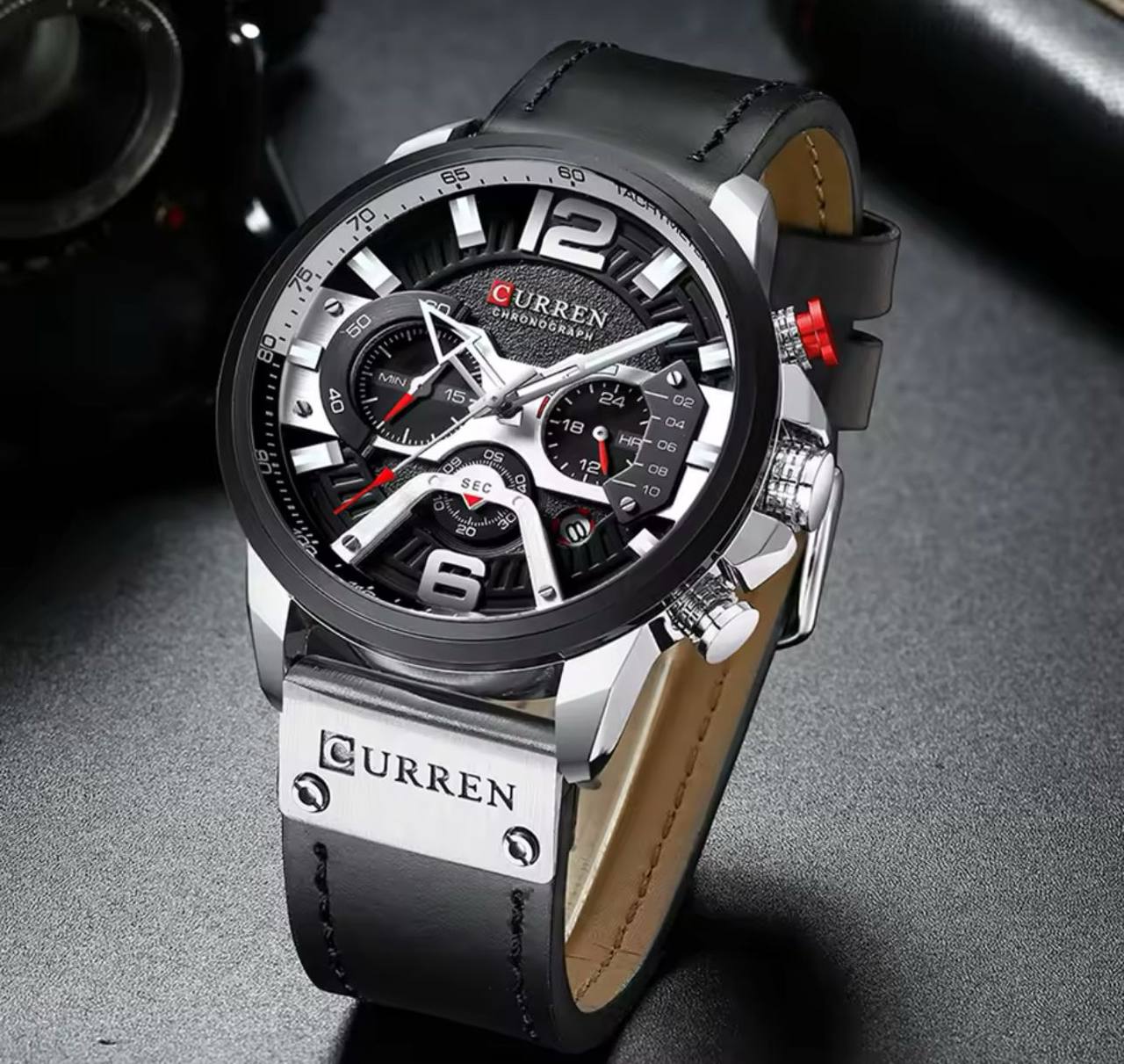CURREN GENTS WATCH #8329 (LEATHER) WATER RESISTANT CHRONOGRAPH MOVEMENT DATE DISPLAY BATTERY POWERED ENGRAVING SERVICES CURREN BRANDED BOX ENQUIRIES