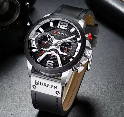CURREN GENTS WATCH #8329 (LEATHER) WATER RESISTANT CHRONOGRAPH MOVEMENT DATE DISPLAY BATTERY POWERED ENGRAVING SERVICES CURREN BRANDED BOX ENQUIRIES