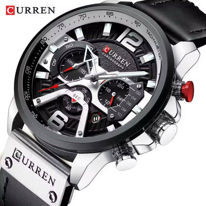 CURREN GENTS WATCH #8329 (LEATHER) WATER RESISTANT CHRONOGRAPH MOVEMENT DATE DISPLAY BATTERY POWERED ENGRAVING SERVICES CURREN BRANDED BOX ENQUIRIES