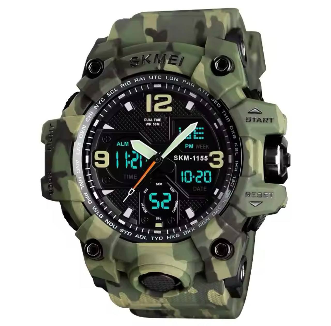 SKMEI 1155B CAMOUFLAGE 5ATM WATER RESISTANT LCD DIGITAL DISPLAY LIGHT BUTTON TIMER &ALARM TOUGH RUBBER MATERIAL CHRONOGRAPH SPORT WATCH ENGRAVING SERVICES